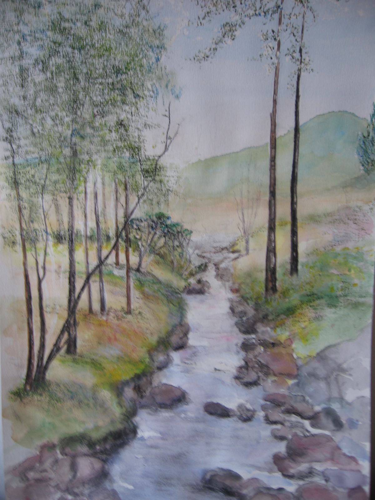 a painting of a stream in a forest